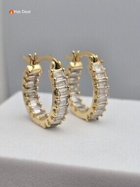 EVRY Jewels Gold Baguette Hoop Earrings Clear CZ Crystal Huggies 5/8"